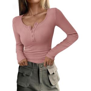 PRETTYGARDEN Women’s 2026 Fall Long Sleeve Henley T Shirts Button Ribbed Knit Slim Fit Basic Tops Blouse Casual Outfits(Dusty Pink)