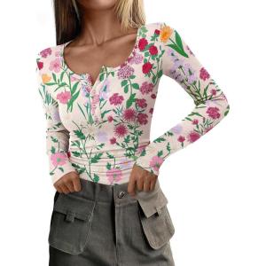 PRETTYGARDEN Women’s 2026 Fall Long Sleeve Henley T Shirts Button Ribbed Knit Slim Fit Basic Tops Blouse Casual Outfits(Floral Apricot Multicolored)
