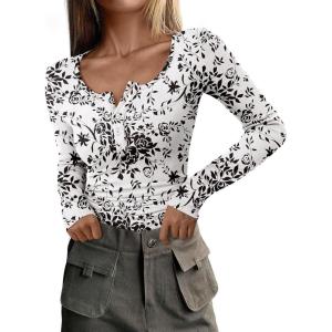 PRETTYGARDEN Women’s 2026 Fall Long Sleeve Henley T Shirts Button Ribbed Knit Slim Fit Basic Tops Blouse Casual Outfits(Floral Black)