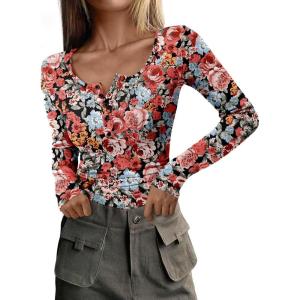 PRETTYGARDEN Women’s 2026 Fall Long Sleeve Henley T Shirts Button Ribbed Knit Slim Fit Basic Tops Blouse Casual Outfits(Floral Black Multicolored)