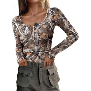 PRETTYGARDEN Women’s 2026 Fall Long Sleeve Henley T Shirts Button Ribbed Knit Slim Fit Basic Tops Blouse Casual Outfits(Floral Khaki)