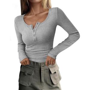 PRETTYGARDEN Women’s 2026 Fall Long Sleeve Henley T Shirts Button Ribbed Knit Slim Fit Basic Tops Blouse Casual Outfits(Grey)