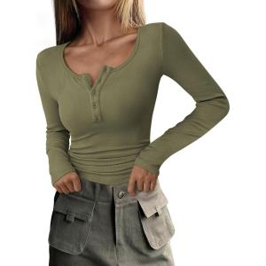 PRETTYGARDEN Women’s 2026 Fall Long Sleeve Henley T Shirts Button Ribbed Knit Slim Fit Basic Tops Blouse Casual Outfits(Grey Green)
