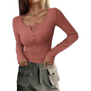 PRETTYGARDEN Women’s 2026 Fall Long Sleeve Henley T Shirts Button Ribbed Knit Slim Fit Basic Tops Blouse Casual Outfits(Heather Pink)