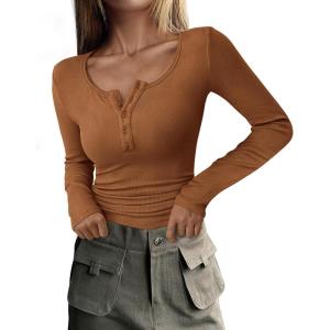 PRETTYGARDEN Women’s 2026 Fall Long Sleeve Henley T Shirts Button Ribbed Knit Slim Fit Basic Tops Blouse Casual Outfits(Khaki)