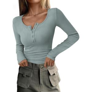PRETTYGARDEN Women’s 2026 Fall Long Sleeve Henley T Shirts Button Ribbed Knit Slim Fit Basic Tops Blouse Casual Outfits(Lake Blue)