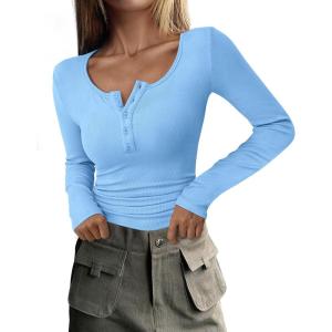 PRETTYGARDEN Women’s 2026 Fall Long Sleeve Henley T Shirts Button Ribbed Knit Slim Fit Basic Tops Blouse Casual Outfits(Light Blue)