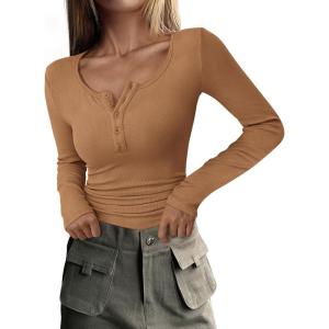 PRETTYGARDEN Women’s 2026 Fall Long Sleeve Henley T Shirts Button Ribbed Knit Slim Fit Basic Tops Blouse Casual Outfits(Light Camel)