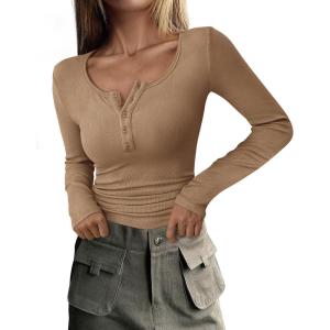 PRETTYGARDEN Women’s 2026 Fall Long Sleeve Henley T Shirts Button Ribbed Knit Slim Fit Basic Tops Blouse Casual Outfits(Light Khaki)