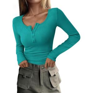 PRETTYGARDEN Women’s 2026 Fall Long Sleeve Henley T Shirts Button Ribbed Knit Slim Fit Basic Tops Blouse Casual Outfits(Malachite Green)