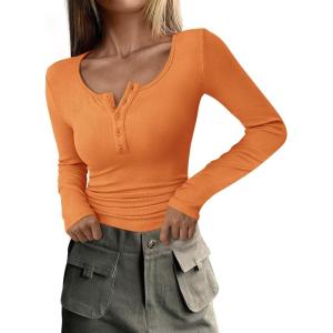 PRETTYGARDEN Women’s 2026 Fall Long Sleeve Henley T Shirts Button Ribbed Knit Slim Fit Basic Tops Blouse Casual Outfits(Orange)