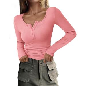 PRETTYGARDEN Women’s 2026 Fall Long Sleeve Henley T Shirts Button Ribbed Knit Slim Fit Basic Tops Blouse Casual Outfits(Pink)