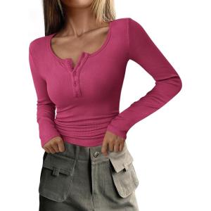 PRETTYGARDEN Women’s 2026 Fall Long Sleeve Henley T Shirts Button Ribbed Knit Slim Fit Basic Tops Blouse Casual Outfits(Rose Red)