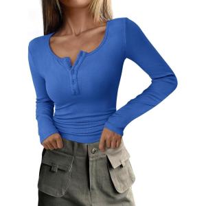 PRETTYGARDEN Women’s 2026 Fall Long Sleeve Henley T Shirts Button Ribbed Knit Slim Fit Basic Tops Blouse Casual Outfits(Royal Blue)
