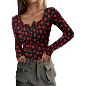 PRETTYGARDEN Women’s 2026 Fall Long Sleeve Henley T Shirts Button Ribbed Knit Slim Fit Basic Tops Blouse Casual Outfits(Small Heart)