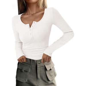 PRETTYGARDEN Women’s 2026 Fall Long Sleeve Henley T Shirts Button Ribbed Knit Slim Fit Basic Tops Blouse Casual Outfits(White)