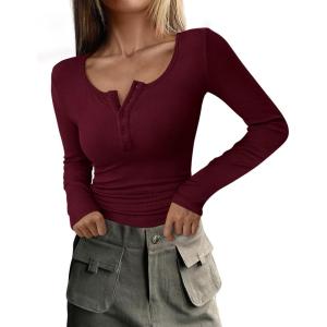 PRETTYGARDEN Women’s 2026 Fall Long Sleeve Henley T Shirts Button Ribbed Knit Slim Fit Basic Tops Blouse Casual Outfits(Wine Red)