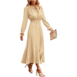 PRETTYGARDEN Women’s 2026 Spring Fall Midi Dress Casual Long Sleeve V Neck Swiss Dot Pleated A Line Flowy Dresses(Apricot)