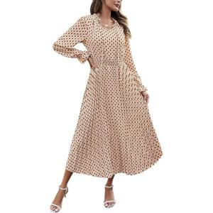 PRETTYGARDEN Women’s 2026 Spring Fall Midi Dress Casual Long Sleeve V Neck Swiss Dot Pleated A Line Flowy Dresses(Apricot Brown Floral)