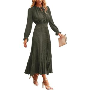 PRETTYGARDEN Women’s 2026 Spring Fall Midi Dress Casual Long Sleeve V Neck Swiss Dot Pleated A Line Flowy Dresses(Army Green)