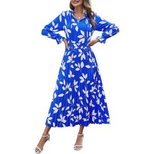 PRETTYGARDEN Women’s 2026 Spring Fall Midi Dress Casual Long Sleeve V Neck Swiss Dot Pleated A Line Flowy Dresses(Blue Leaves)