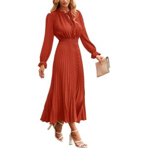 PRETTYGARDEN Women’s 2026 Spring Fall Midi Dress Casual Long Sleeve V Neck Swiss Dot Pleated A Line Flowy Dresses(Brick Red)