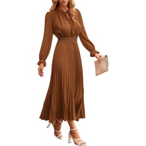 PRETTYGARDEN Women’s 2026 Spring Fall Midi Dress Casual Long Sleeve V Neck Swiss Dot Pleated A Line Flowy Dresses(Brown)