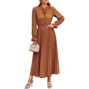 PRETTYGARDEN Women’s 2026 Spring Fall Midi Dress Casual Long Sleeve V Neck Swiss Dot Pleated A Line Flowy Dresses(Brown Blue Floral)