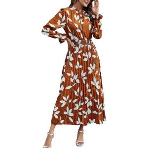 PRETTYGARDEN Women’s 2026 Spring Fall Midi Dress Casual Long Sleeve V Neck Swiss Dot Pleated A Line Flowy Dresses(Brown Leaves)