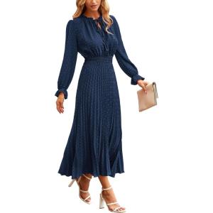 PRETTYGARDEN Women’s 2026 Spring Fall Midi Dress Casual Long Sleeve V Neck Swiss Dot Pleated A Line Flowy Dresses(Dark Blue)