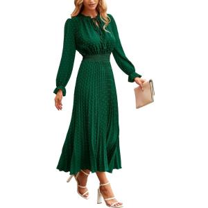 PRETTYGARDEN Women’s 2026 Spring Fall Midi Dress Casual Long Sleeve V Neck Swiss Dot Pleated A Line Flowy Dresses(Dark Green)