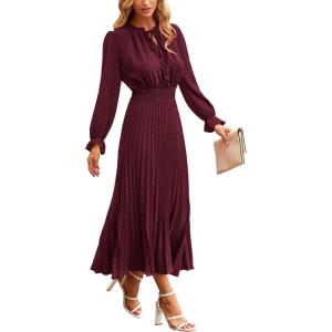 PRETTYGARDEN Women’s 2026 Spring Fall Midi Dress Casual Long Sleeve V Neck Swiss Dot Pleated A Line Flowy Dresses(Dark Wine Red)