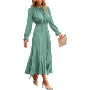 PRETTYGARDEN Women’s 2026 Spring Fall Midi Dress Casual Long Sleeve V Neck Swiss Dot Pleated A Line Flowy Dresses(Green)