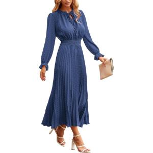 PRETTYGARDEN Women’s 2026 Spring Fall Midi Dress Casual Long Sleeve V Neck Swiss Dot Pleated A Line Flowy Dresses(Grey Blue)