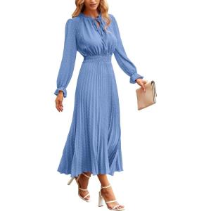 PRETTYGARDEN Women’s 2026 Spring Fall Midi Dress Casual Long Sleeve V Neck Swiss Dot Pleated A Line Flowy Dresses(Light Blue)