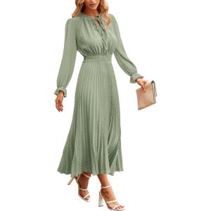 PRETTYGARDEN Women’s 2026 Spring Fall Midi Dress Casual Long Sleeve V Neck Swiss Dot Pleated A Line Flowy Dresses(Light Green)