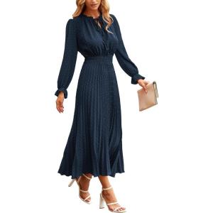 PRETTYGARDEN Women’s 2026 Spring Fall Midi Dress Casual Long Sleeve V Neck Swiss Dot Pleated A Line Flowy Dresses(Navy)