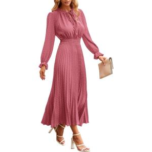 PRETTYGARDEN Women’s 2026 Spring Fall Midi Dress Casual Long Sleeve V Neck Swiss Dot Pleated A Line Flowy Dresses(Pink)