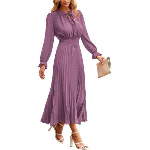 PRETTYGARDEN Women’s 2026 Spring Fall Midi Dress Casual Long Sleeve V Neck Swiss Dot Pleated A Line Flowy Dresses(Purple)