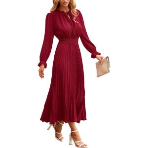 PRETTYGARDEN Women’s 2026 Spring Fall Midi Dress Casual Long Sleeve V Neck Swiss Dot Pleated A Line Flowy Dresses(Wine Red)