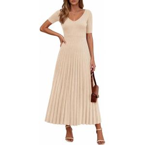 PRETTYGARDEN Women’s 2026 Spring Midi Sweater Dresses Elegant Pleated Ribbed Knit Short Sleeve V Neck A Line Summer Outfits(Beige)