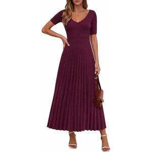 PRETTYGARDEN Women’s 2026 Spring Midi Sweater Dresses Elegant Pleated Ribbed Knit Short Sleeve V Neck A Line Summer Outfits(Burgundy)