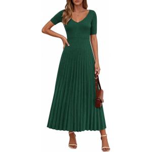 PRETTYGARDEN Women’s 2026 Spring Midi Sweater Dresses Elegant Pleated Ribbed Knit Short Sleeve V Neck A Line Summer Outfits(Dark Green)