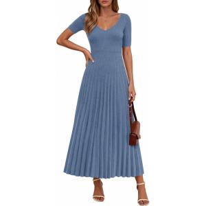 PRETTYGARDEN Women’s 2026 Spring Midi Sweater Dresses Elegant Pleated Ribbed Knit Short Sleeve V Neck A Line Summer Outfits(Dusty Blue)