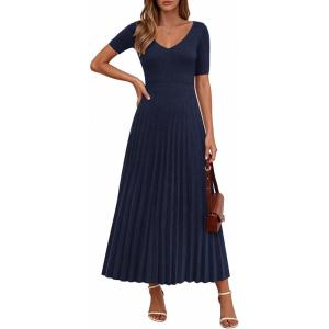 PRETTYGARDEN Women’s 2026 Spring Midi Sweater Dresses Elegant Pleated Ribbed Knit Short Sleeve V Neck A Line Summer Outfits(Navy Blue)