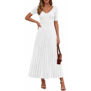 PRETTYGARDEN Women’s 2026 Spring Midi Sweater Dresses Elegant Pleated Ribbed Knit Short Sleeve V Neck A Line Summer Outfits(White)