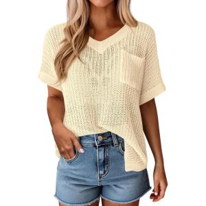 PRETTYGARDEN Women’s 2026 Spring Short Sleeve Sweaters Lightweight V Neck Casual Going Out Summer Tops Beach Vacation Clothes(Beige)