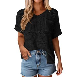 PRETTYGARDEN Women’s 2026 Spring Short Sleeve Sweaters Lightweight V Neck Casual Going Out Summer Tops Beach Vacation Clothes(Black)