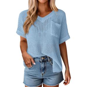 PRETTYGARDEN Women’s 2026 Spring Short Sleeve Sweaters Lightweight V Neck Casual Going Out Summer Tops Beach Vacation Clothes(Blue)