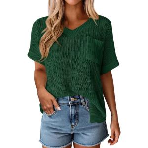 PRETTYGARDEN Women’s 2026 Spring Short Sleeve Sweaters Lightweight V Neck Casual Going Out Summer Tops Beach Vacation Clothes(Green)